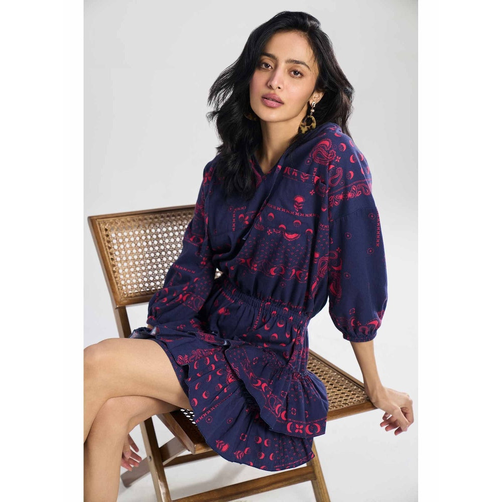 TERRA LUNA Belle Navy Blue Printed Dress