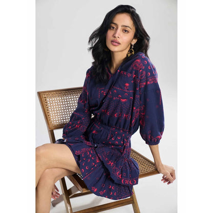 TERRA LUNA Belle Navy Blue Printed Dress