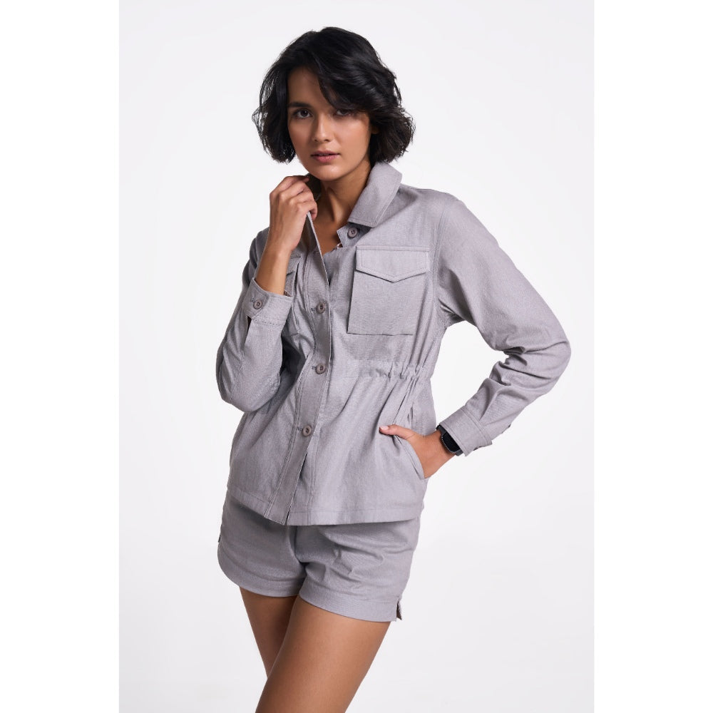 TERRA LUNA Women's Grey Solid Collar Neck Shacket