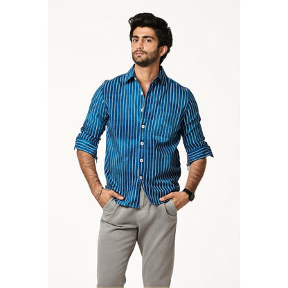 TERRA LUNA Men Alto Lite Blue Solid Collar Neck Khadi Shirt