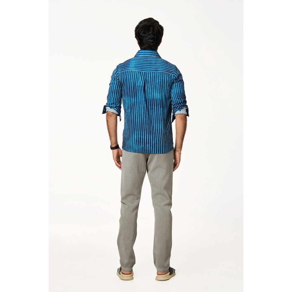 TERRA LUNA Men Alto Lite Blue Solid Collar Neck Khadi Shirt