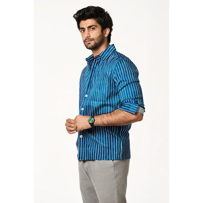 TERRA LUNA Men Alto Lite Blue Solid Collar Neck Khadi Shirt