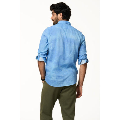 TERRA LUNA Men Sola Blue Solid Collar Neck Khadi Shirt