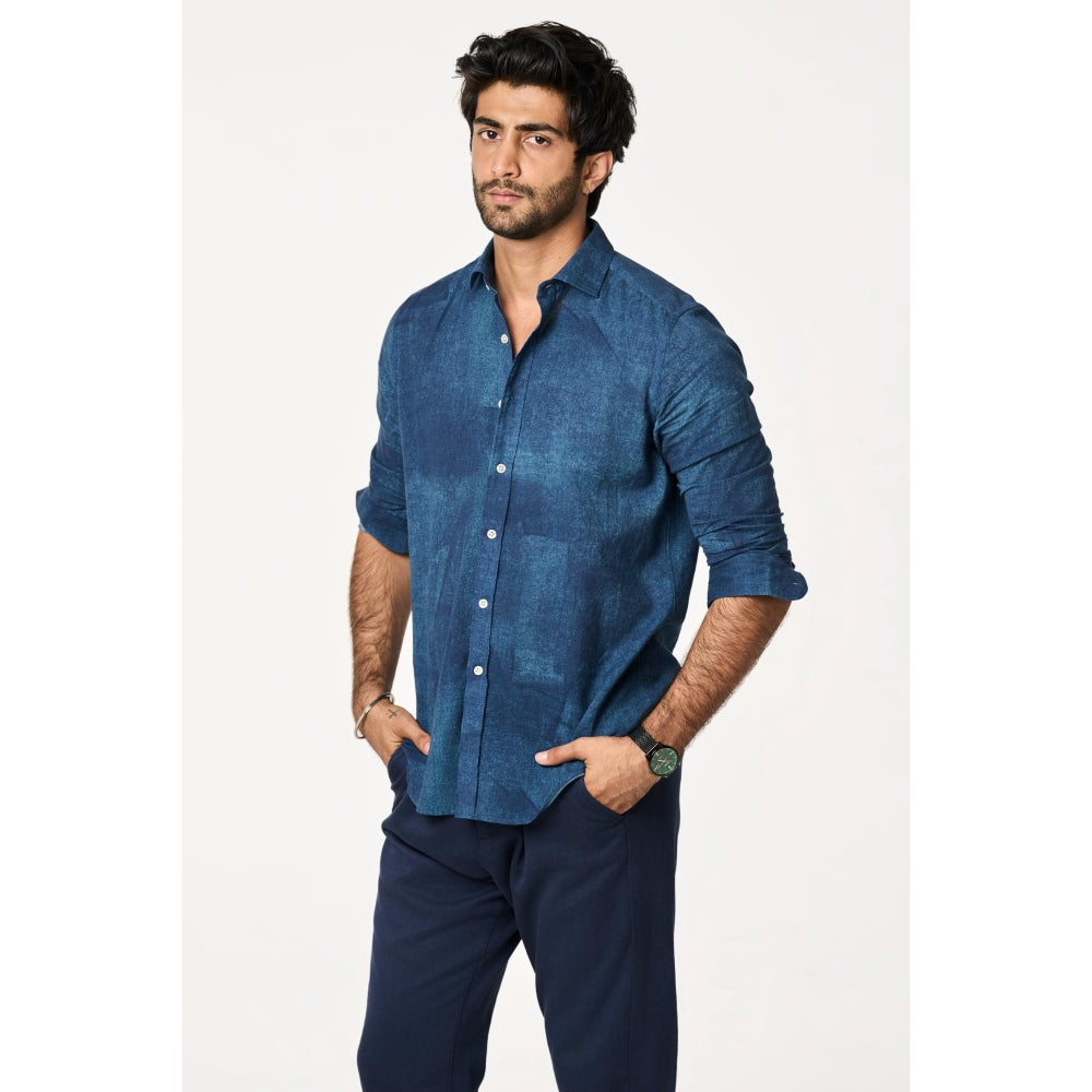 TERRA LUNA Men Sola Blue Solid Collar Neck Khadi Shirt