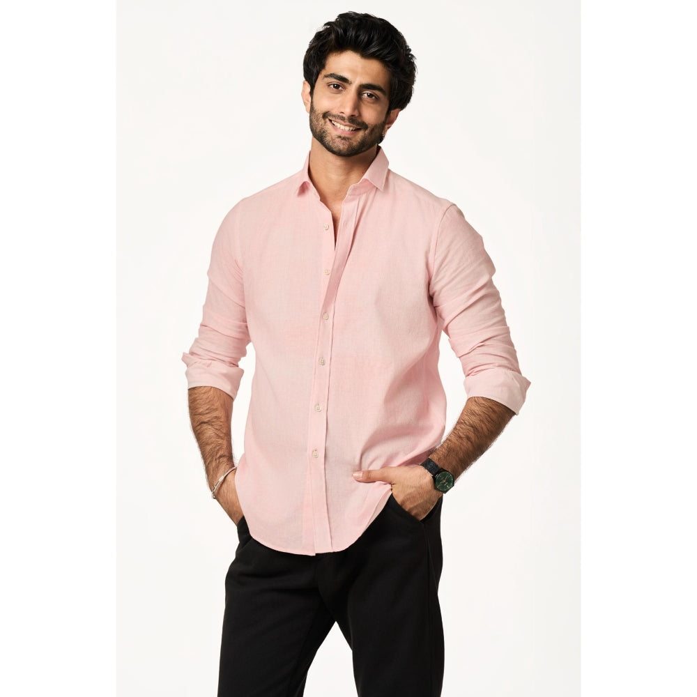 TERRA LUNA Men Sola Pink Solid Collar Neck Khadi Shirt