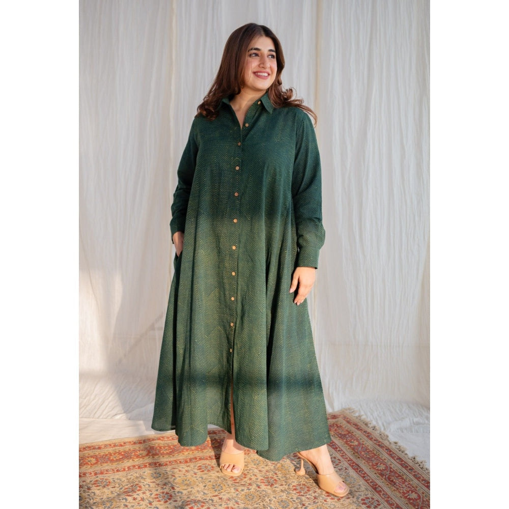The Indian Ethnic Co. Dark Green Ajrakh Cotton Maxi Dress