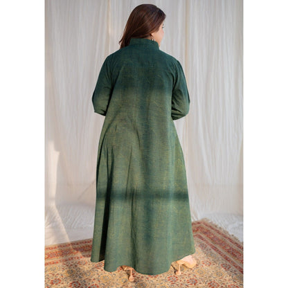 The Indian Ethnic Co. Dark Green Ajrakh Cotton Maxi Dress