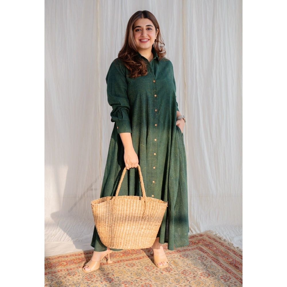 The Indian Ethnic Co. Dark Green Ajrakh Cotton Maxi Dress