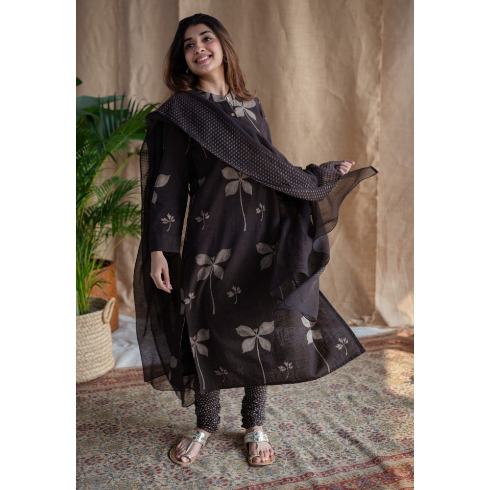 The Indian Ethnic Co. Charcoal Droplet Butti Dabu Kota Doriya Dupatta
