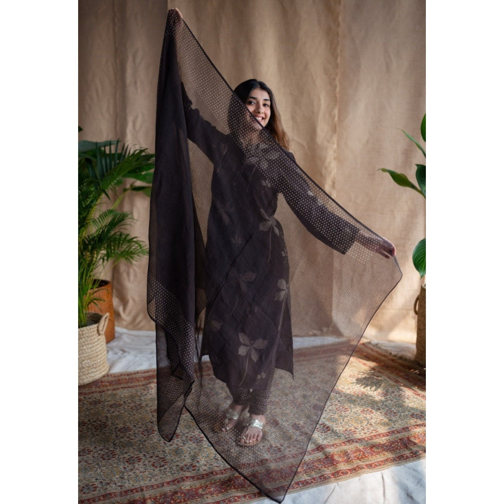 The Indian Ethnic Co. Charcoal Droplet Butti Dabu Kota Doriya Dupatta