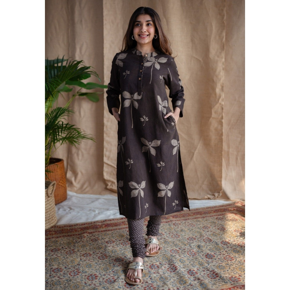 The Indian Ethnic Co. Charcoal Dabu Slub Cotton Chudidar