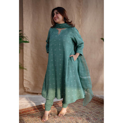 The Indian Ethnic Co. Green Dabu Cotton Embroidered Kurta with Churidar and Dupatta (Set of 3)