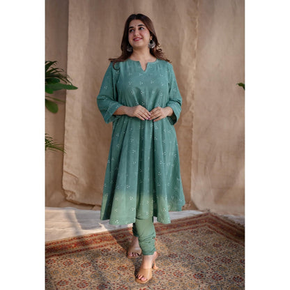 The Indian Ethnic Co. Green Dabu Cotton Embroidered Kurta with Churidar and Dupatta (Set of 3)