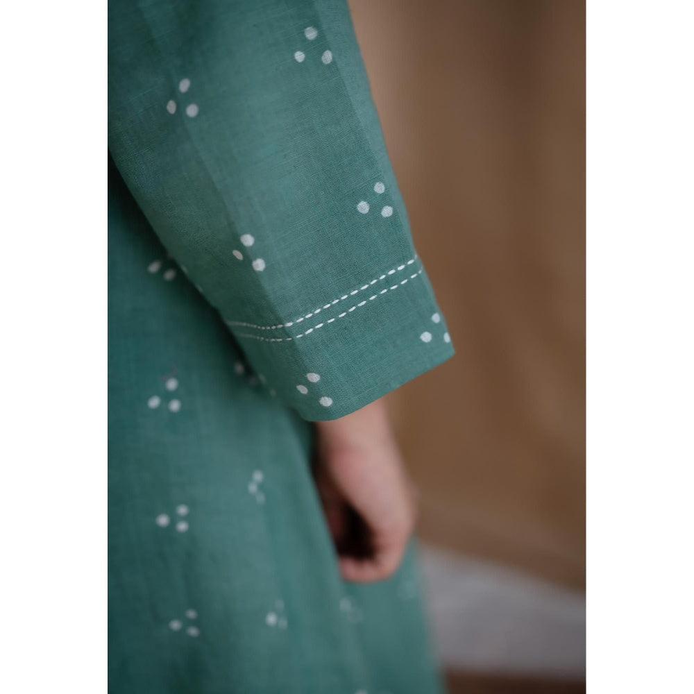 The Indian Ethnic Co. Green Dabu Cotton Embroidered Kurta with Churidar and Dupatta (Set of 3)