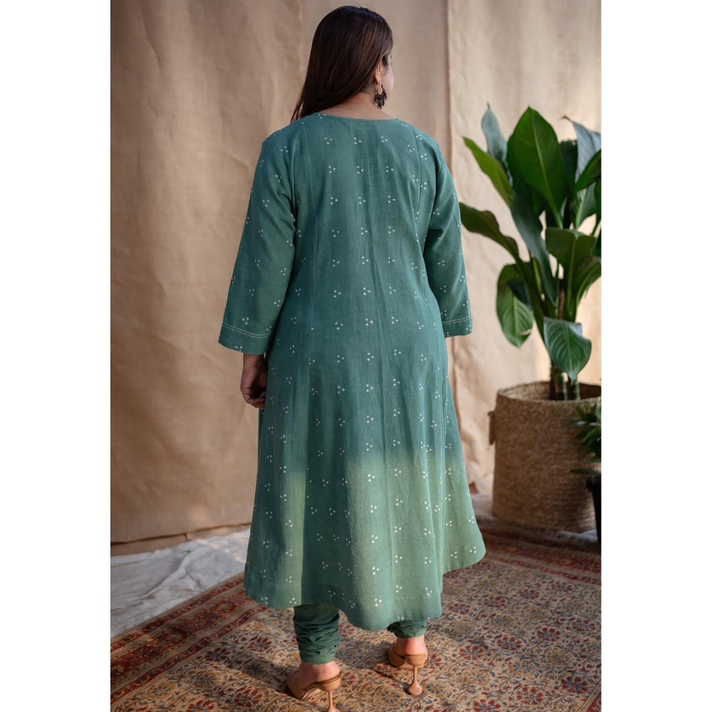 The Indian Ethnic Co. Green Dabu Cotton Embroidered Kurta with Churidar and Dupatta (Set of 3)