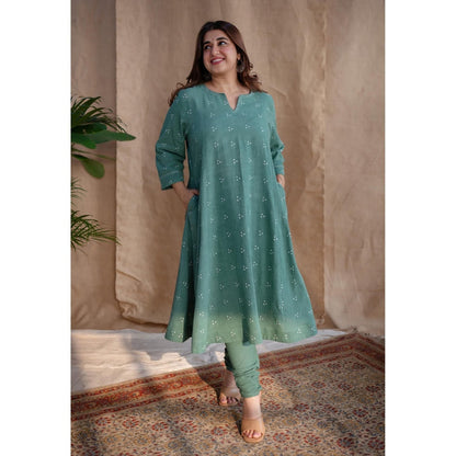 The Indian Ethnic Co. Green Dabu Cotton Embroidered Kurta with Churidar and Dupatta (Set of 3)