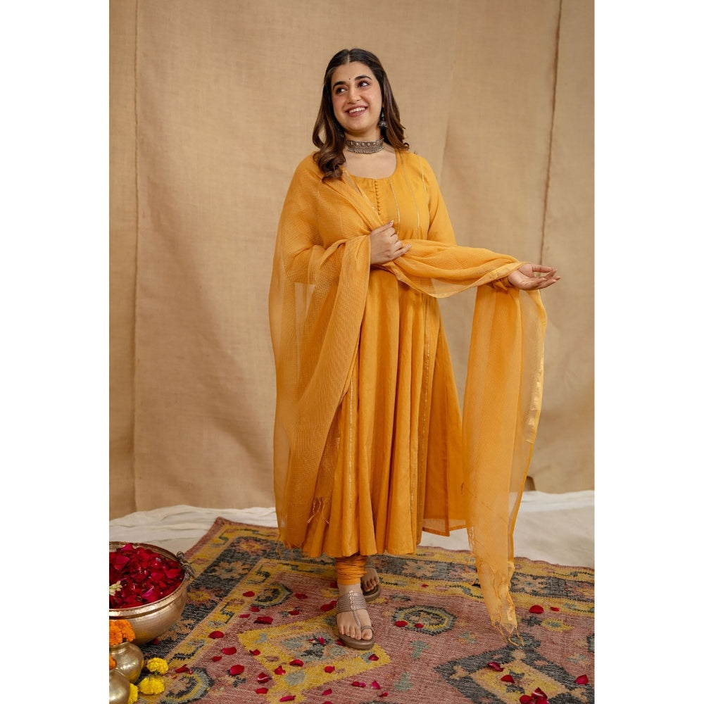 The Indian Ethnic Co. Orange Plain Cotton Anarkali Kurta with Churidar and Dupatta (Set of 3)