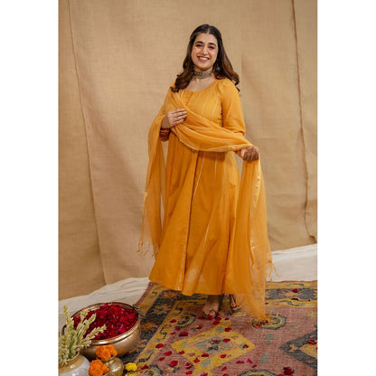 The Indian Ethnic Co. Orange Plain Cotton Anarkali Kurta with Churidar and Dupatta (Set of 3)