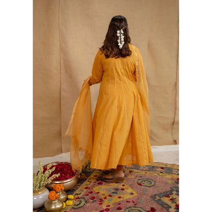 The Indian Ethnic Co. Orange Plain Cotton Anarkali Kurta with Churidar and Dupatta (Set of 3)