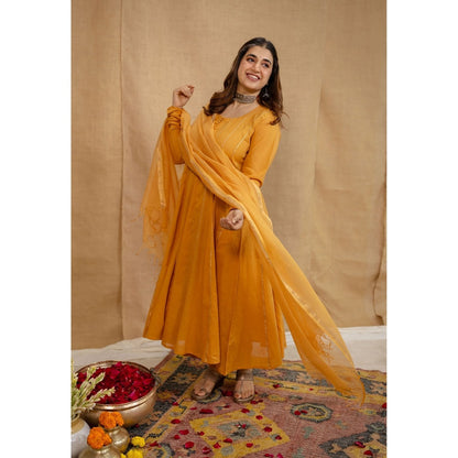 The Indian Ethnic Co. Orange Plain Cotton Anarkali Kurta with Churidar and Dupatta (Set of 3)