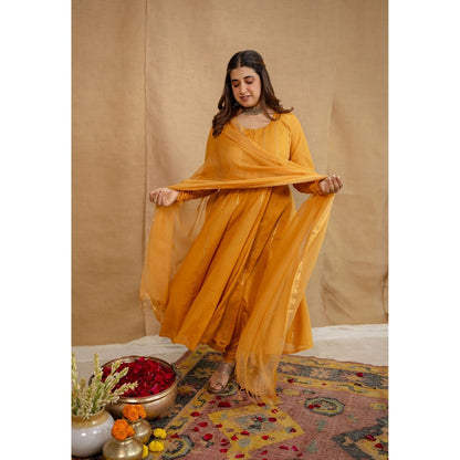 The Indian Ethnic Co. Orange Plain Cotton Anarkali Kurta with Churidar and Dupatta (Set of 3)