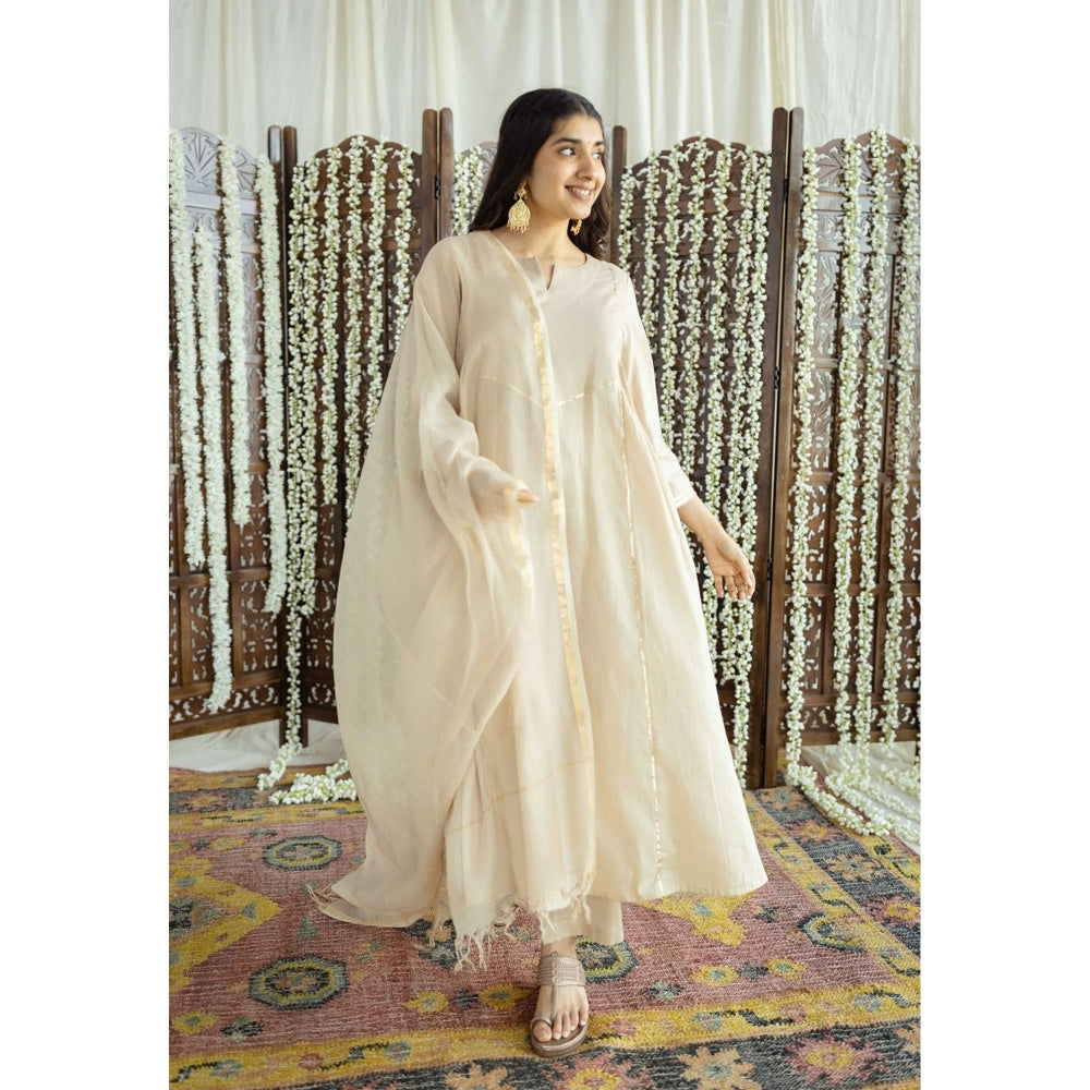 The Indian Ethnic Co. Beige Plain A-Line Cotton Kurta with Pant and Dupatta (Set of 3)