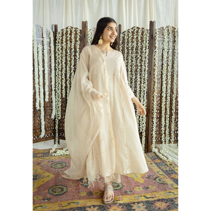 The Indian Ethnic Co. Beige Plain A-Line Cotton Kurta with Pant and Dupatta (Set of 3)