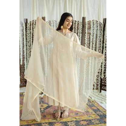 The Indian Ethnic Co. Beige Plain A-Line Cotton Kurta with Pant and Dupatta (Set of 3)