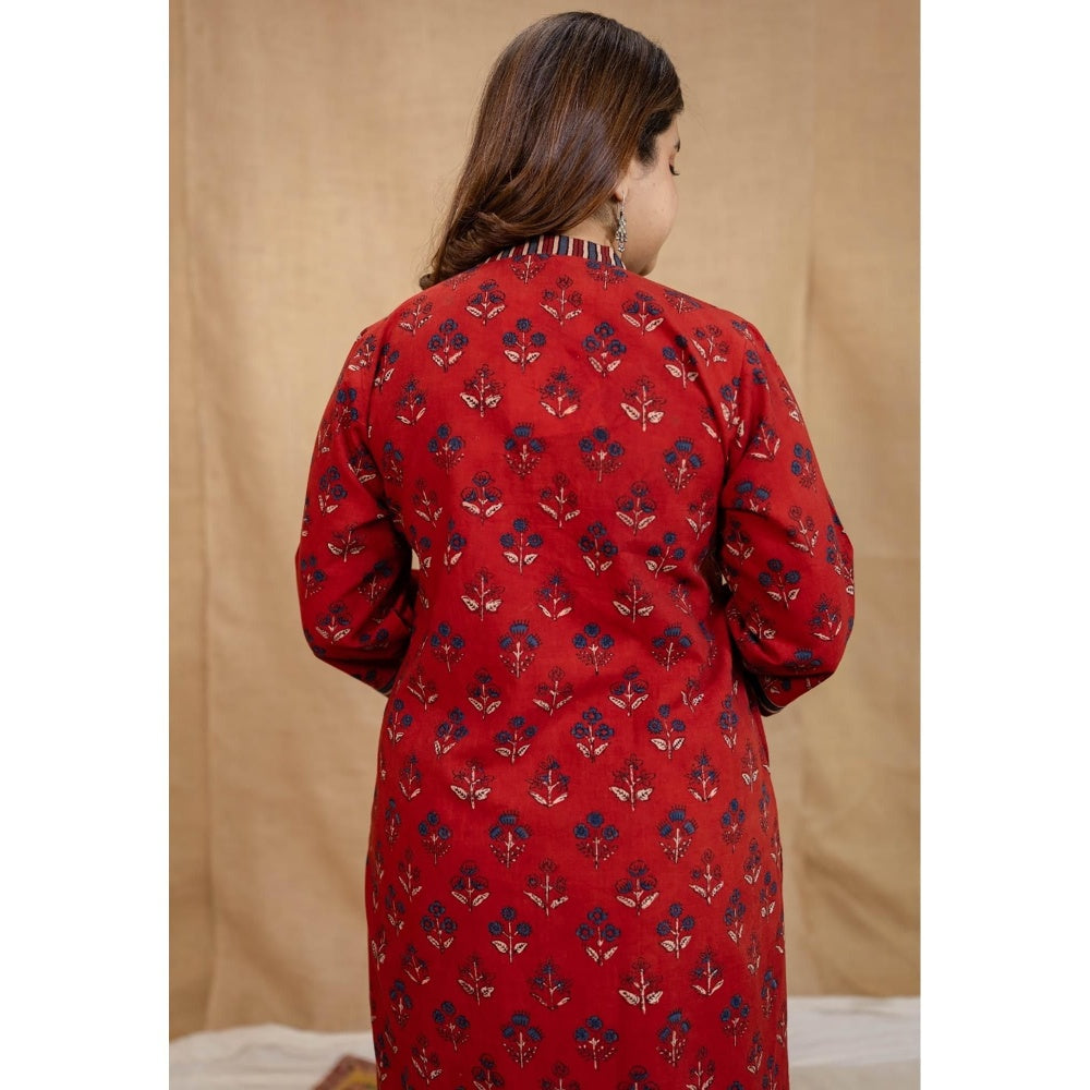 The Indian Ethnic Co. Red Straight Ajrakh Cotton Hand Block Printed Kurta