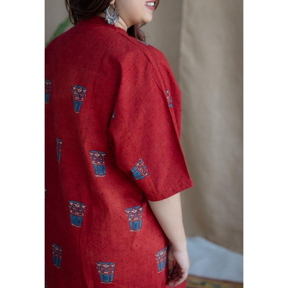 The Indian Ethnic Co. Red Straight Printed Cotton Kurta With Mandarin Neck