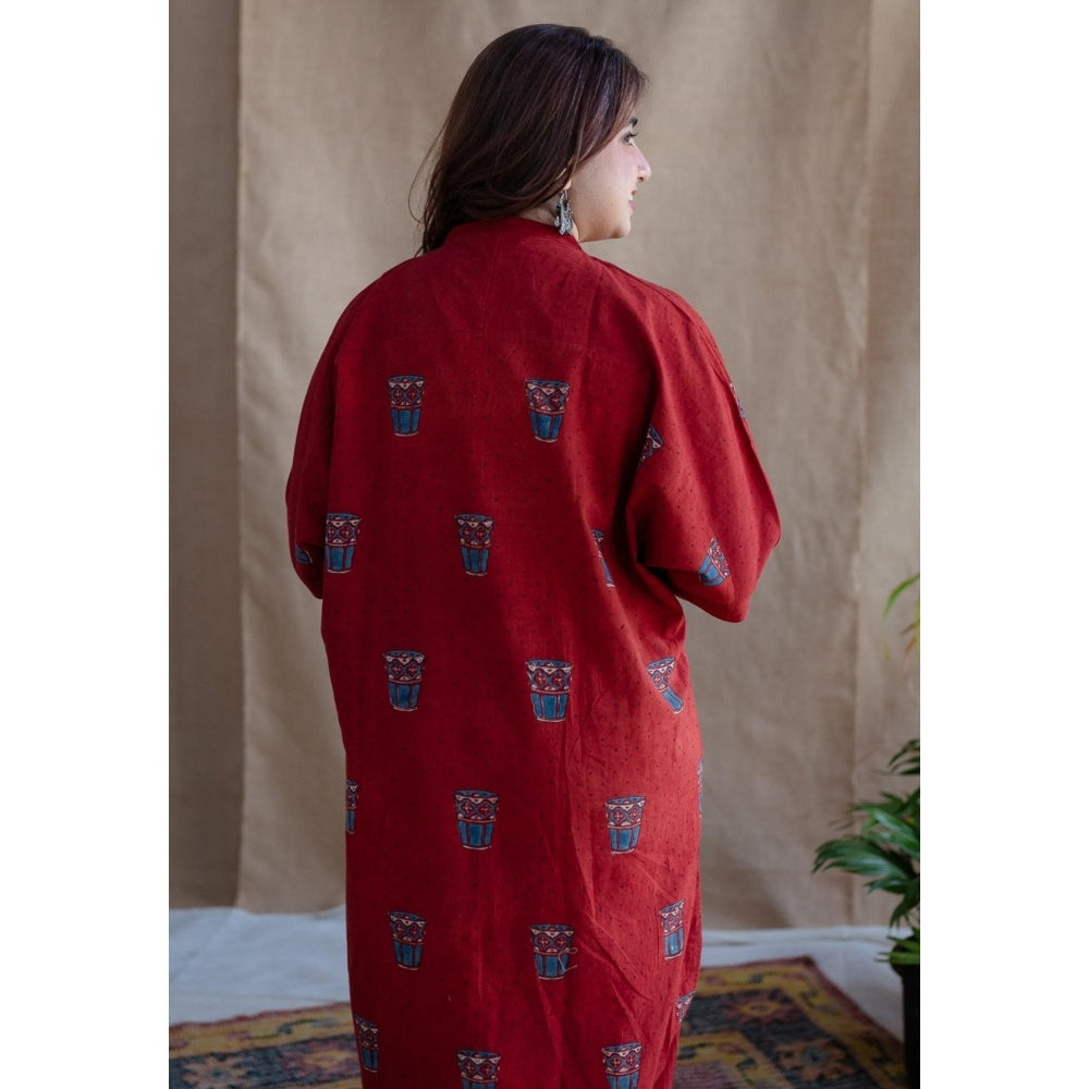 The Indian Ethnic Co. Red Straight Printed Cotton Kurta With Mandarin Neck