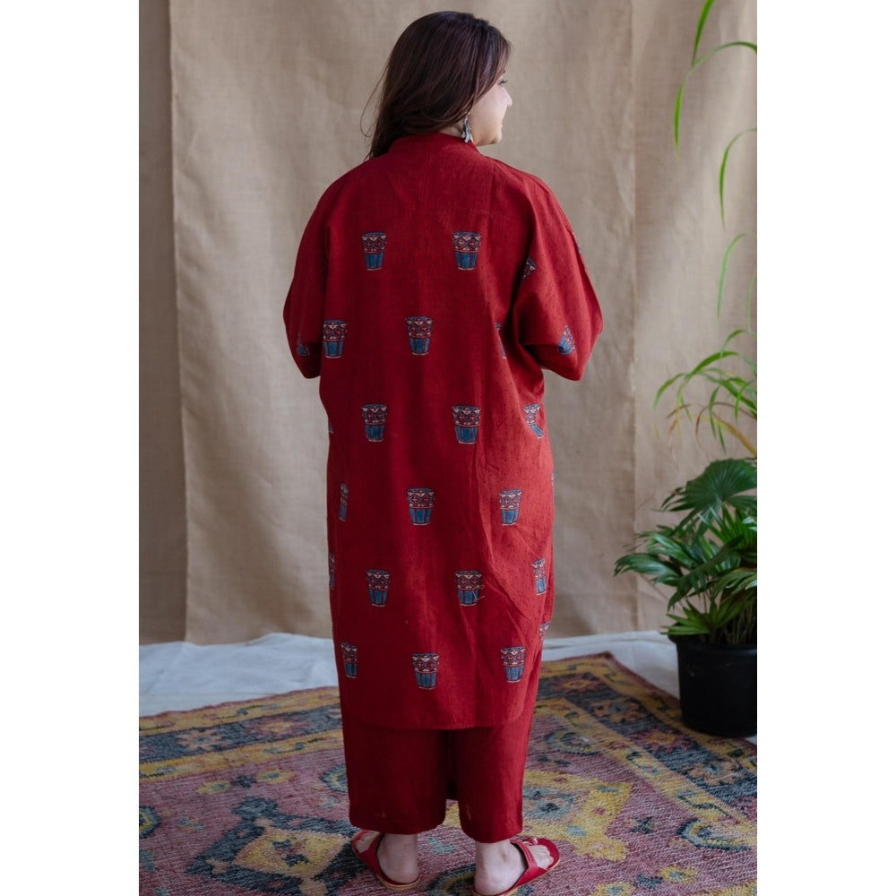The Indian Ethnic Co. Red Straight Printed Cotton Kurta With Mandarin Neck