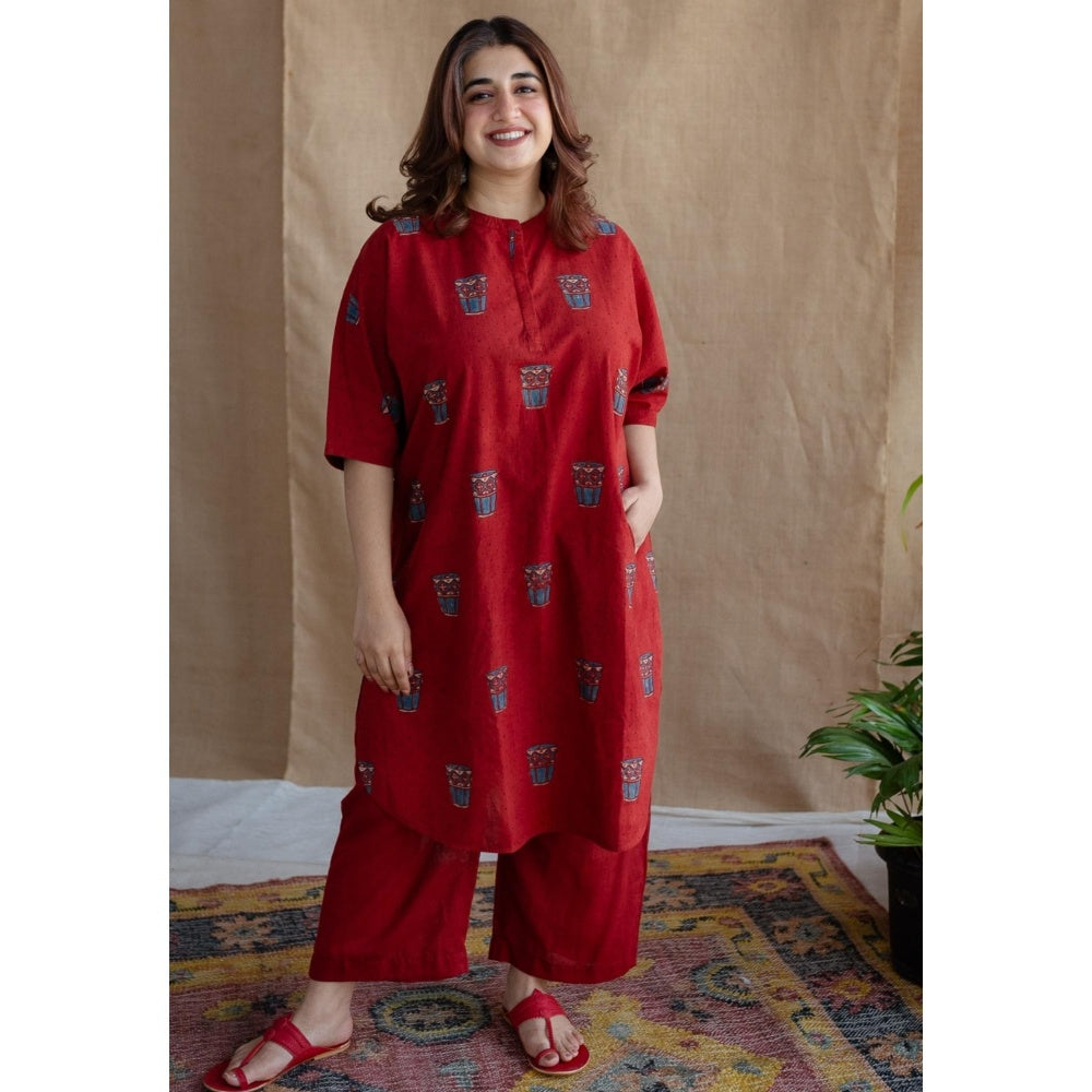 The Indian Ethnic Co. Red Straight Printed Cotton Kurta With Mandarin Neck