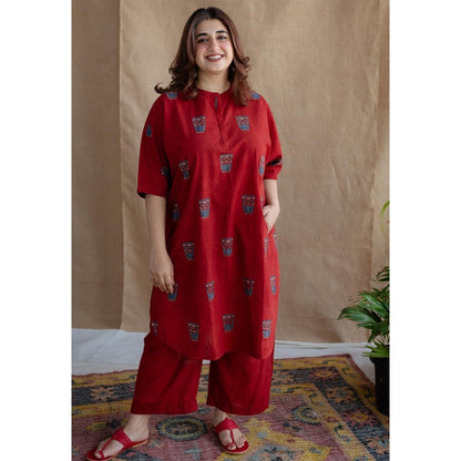 The Indian Ethnic Co. Red Straight Printed Cotton Kurta With Mandarin Neck
