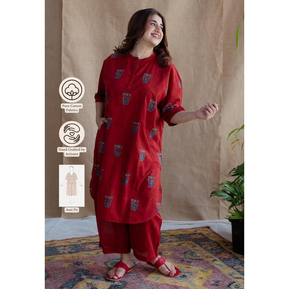 The Indian Ethnic Co. Red Straight Printed Cotton Kurta With Mandarin Neck