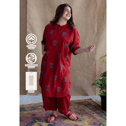 The Indian Ethnic Co. Red Straight Printed Cotton Kurta With Mandarin Neck