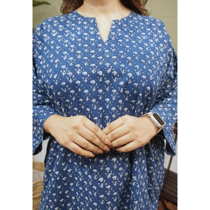 The Indian Ethnic Co. Blue Loose Dabu Printed Cotton Kurta With Split V Neck And Full Sleeves