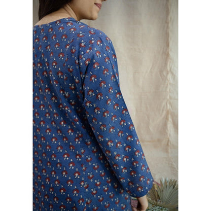 The Indian Ethnic Co. Blue Kali Ajrakh Printed Cotton Kurta With Split V Neck