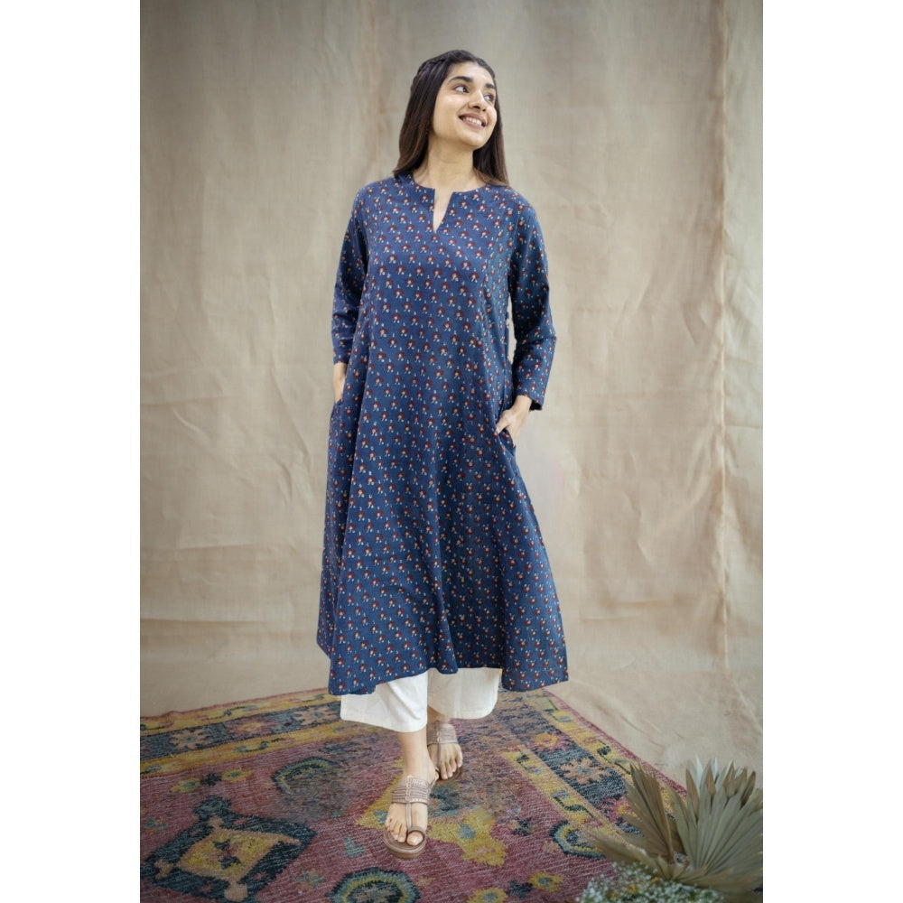 The Indian Ethnic Co. Blue Kali Ajrakh Printed Cotton Kurta With Split V Neck