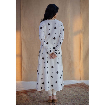 The Indian Ethnic Co. White A-Line Block Printed Cotton Kurta