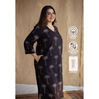 The Indian Ethnic Co. Charcoal Straight Ajrakh Hand Block Printed Cotton Kurta