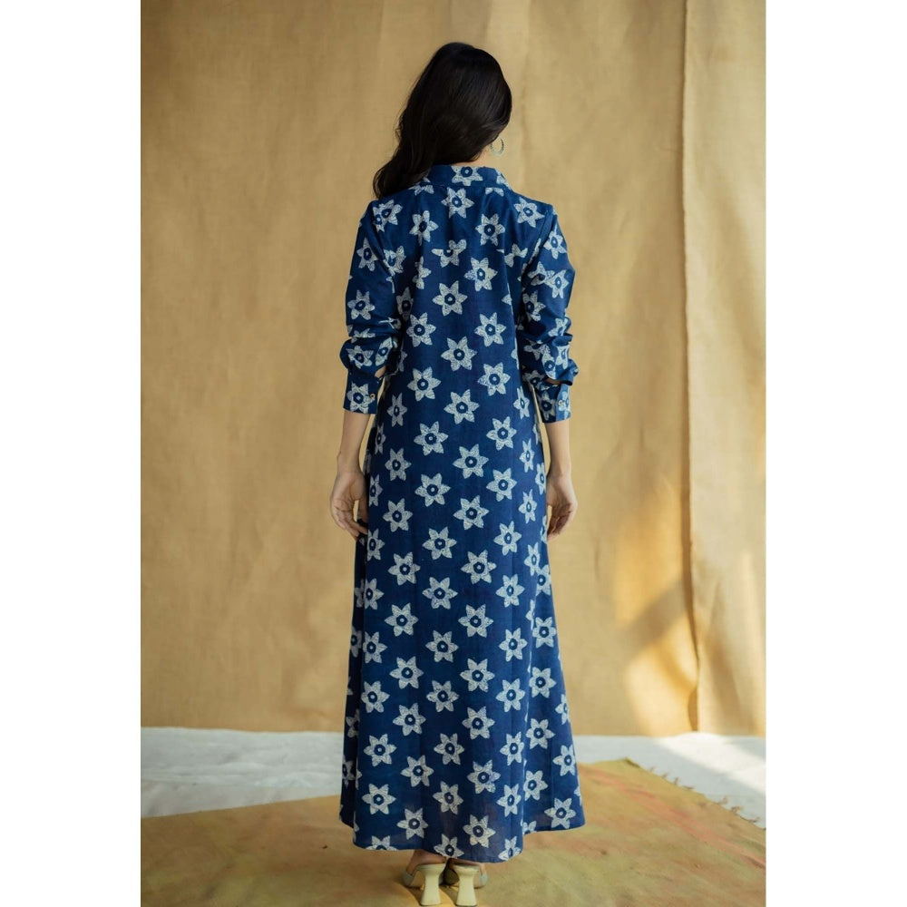 The Indian Ethnic Co. Navy Blue A-Line Bagru Printed Slub Cotton Dress