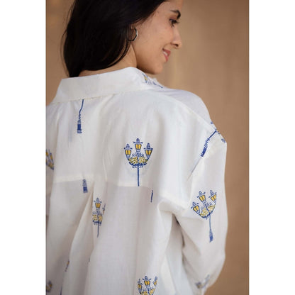 The Indian Ethnic Co. White Loose Hand Block Printed Cotton Shirt