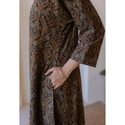 The Indian Ethnic Co. Nyra Brown Ajrakh Cotton Jhabba Kali Kurta
