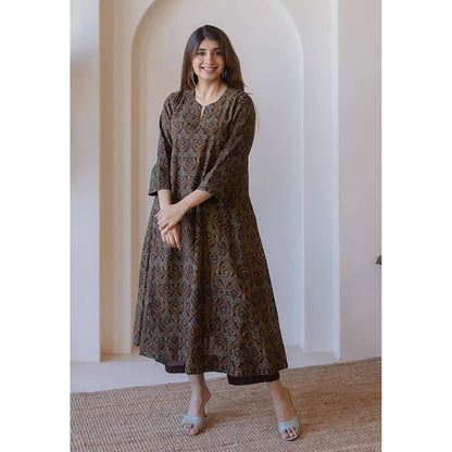 The Indian Ethnic Co. Nyra Brown Ajrakh Cotton Jhabba Kali Kurta
