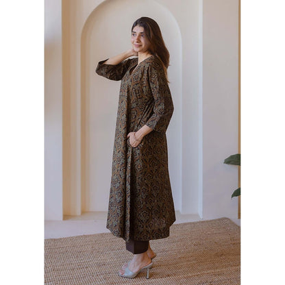 The Indian Ethnic Co. Nyra Brown Ajrakh Cotton Jhabba Kali Kurta