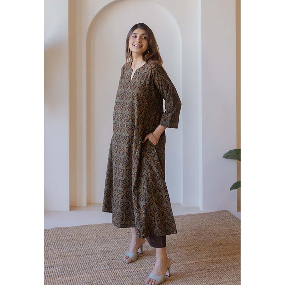 The Indian Ethnic Co. Nyra Brown Ajrakh Cotton Jhabba Kali Kurta