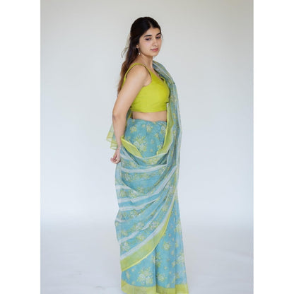 The Indian Ethnic Co. Print Cotton Kota Doria Saree with Unstitched Blouse