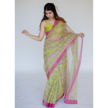 The Indian Ethnic Co. Print Cotton Kota Doria Saree with Unstitched Blouse