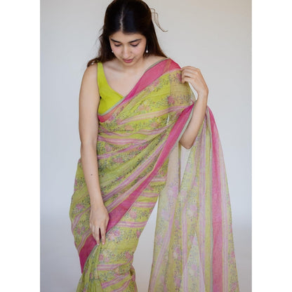 The Indian Ethnic Co. Print Cotton Kota Doria Saree with Unstitched Blouse